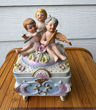 Vintage Bisque Porcelain Cherubs Trio Footed Trinket Box Rococo Jewelery Dish picture