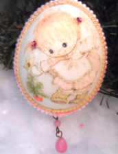 Handmade Vintage - REAL EGG DECOUPAGE, YOUNG GIRL w/SMALL CHRISTMS TREE - 2-1/4