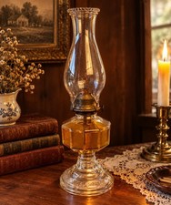 Vintage Amber Glass Oil Lamp Clear Embossed Base Kerosene Chimney 18