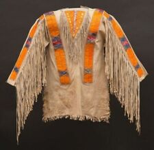 Old Style Beige Buckskin Suede Hide Fringes Beaded Powwow War Shirt NHS12 picture