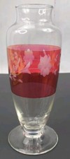 Etched Red Cranberry Flash Glass Vase Vintage Daisies 6.5