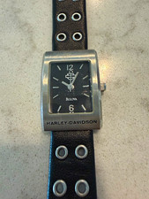 Harley-Davidson Bulova Wristwatch Rectangular Black Dial Studded Leather Strap picture