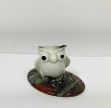 Small Ceramic Owl Figurine On A Jasper Stone Base Vintage 1960’s MCM Trinket picture