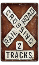 Railroad Crossing Two 2 Train Tracks Sign Tin Vintage Look Garage Bar Decor picture