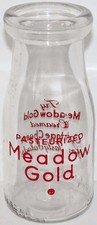 Vintage milk bottle MEADOW GOLD Try Creamed Cottage Cheese 1945 pyro half pint picture