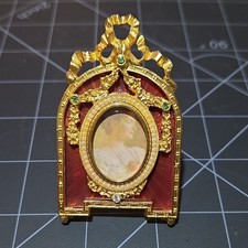 Fabergé Mini Ornate Foldable Gold Tone Metal Oval Picture Frame, Red Enamel picture