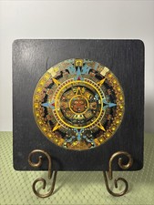 Vintage Mayan Calendar Enamel Wall Plaque On Black Wood Board picture