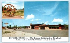 GRAYLING, MI Michigan~ Roadside BIG WHEEL Restaurant SUNOCO GAS c1950s Postcard picture