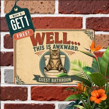 Well Crap Cat On Toilet Tin Sign Funny Restroom Bathroom Toilet Metal Plaque picture
