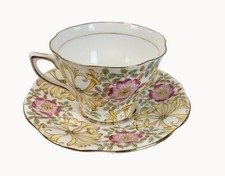 Bone China Rosina England White Yellow/Red Floral Rose Gold Trim Tea Cup  Saucer picture