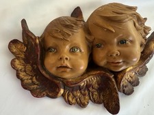 Vintage Double Cherub Angel Wall Plaque Plaster Chalkware Gold Red 14” x 10” picture