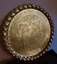 Solid brass etched serving tray 22” vintage / antique picture
