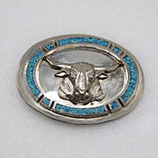 Unused Vintage SW German Silver & Crushed Turquoise Longhorn Belt Buckle-1.75” picture