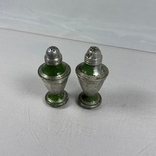 Vintage Green Enamel Silver Tone Metal Salt and Pepper Shakers Greek Key Urn Set picture