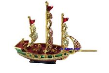 Bejeweled  Large Sail Boat Hinged Metal Enameled Rhinestone Trinket box picture
