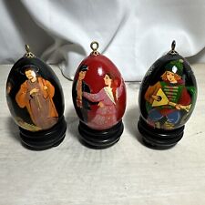 Set Of 3 Vintage Russian Hand Painted Eggs Lacquer On Stands 2.5” picture