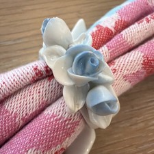 Authentic Vintage Dresden Saxony Germany Porcelain Napkin Rings 6 Blue Roses MCM picture