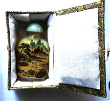 Vintage REVERSE PAINTED Glass SNUFF BOTTLE Chinese Village Mountains In Box picture