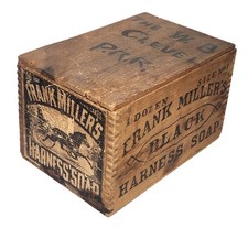 Antique 1890s Frank Miller Black Harness Soap Wooden Crate w Contents & Ephemera picture