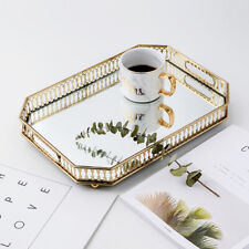 NEW Glass Vintage Metal Octagon Mirror Surface Tray Luxury Makeup Perfume Holder picture