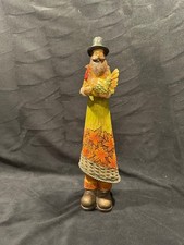 Thanksgiving Figurine Pilgrim Man Holding Turkey, Faux Wood Resin, 11-3/4 in picture