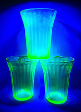 3pc Set Antique JEANETTE Green Depression Uranium Glass CHERRY BLOSSOM Tumblers picture