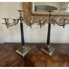 VTG Pair of Candelabra Candlestick Holders 17 Inch Black Onyx Marble Base Brass picture
