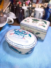 Vtg Chinese Porcelain Trinket Box Set Lotus Flower Water Birds Chinoiserie 2pc. picture