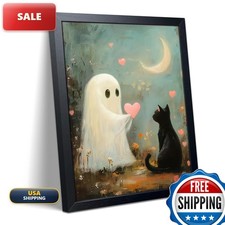 Yaneiro Framed Cute Ghost and Black Cat Halloween Wall Art 8x10 Inch picture