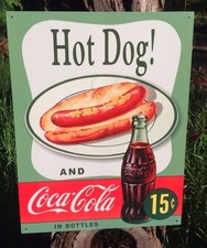 Vintage Coca Cola Sign Tin Metal Soda Pop Bottle Advertising Hot Dog 15 Cents picture