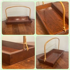 Vintage Japanese Shunkei Lacquer Serving Tray Bamboo Handle Wood Tea Basket RARE picture