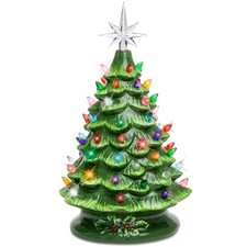 15in Ceramic Christmas Tree, Pre-lit Hand-Painted Tabletop Holiday Tree, Star To picture