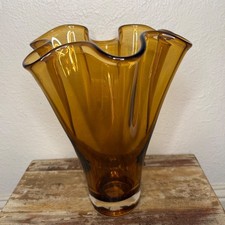Vintage 70s Lenox Amber Art Glass Handkerchief Vase Hand Blown MCM picture