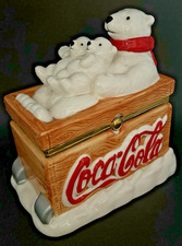 2002 Coca Cola Polar Bear Sledding Hinged Trinket Box Houston Harvest, XMAS picture