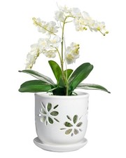 1 Pack 6 Inch White Ceramic Orchid Pot with Holes and Saucer | White Ceramic ... picture