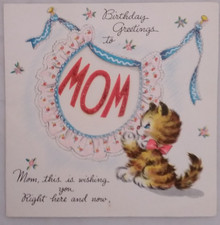 vintage 1946 BIRTHDAY CARD for MOM kitten die cut glued glitter T550 picture