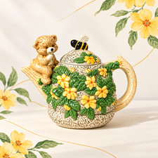Ceramic Teddy Bear Bee Teapot Yellow Floral Honey Pot Cottagecore Collectible picture