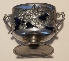 Vintage Dragon Embossed Cobalt Blue Glass Cup Holder picture