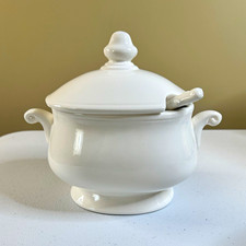 White Ceramic Oval Gravy Boat w/ Lid & Spoon, Glossy, Handles picture