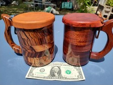 2 Handcrafted Wood Tankard Stien Drinking Mugs with Leather Lid - Unicorn Dragon picture
