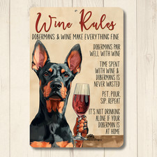 Doberman Wine Rules Sign bar metal tin funny handmade dog decor wall art gift picture