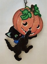 BLACK CAT KITTEN Holding JOL PUMPKIN * Glitter HALLOWEEN ORNAMENT * Vtg Img picture