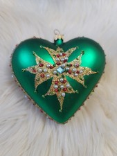 Neiman Marcus 2014 Glass Heart Christmas Ornament Green Maltese Cross Pearls picture