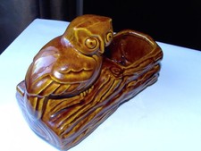VINTAGE AMERICAN BISQUE MID-CENTURY OWL ON LOG SIDE PLANTER BROWN 8