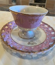 Royal Halsey Footed Teacup and Saucer Iridescent Very Fine China Pink and Gold picture