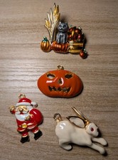 Vintage Phister Ent.  Enamel Rabbit Santa Pumpkin Charm Pendants + Brooch picture