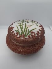 Antique Japanese Red Moriage trinket  powder box porcelain flowers Raised Enamel picture