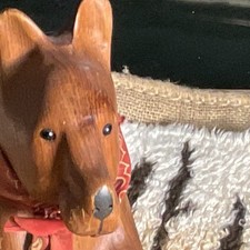 Carved Wooden Dog Figurine Brown glass eyes red Bandana Scarf Fabric 11/12“ picture