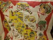 Vtg Table Cloth California Map Souvenir Red Teatowl Wall Hanging Textile 35x32