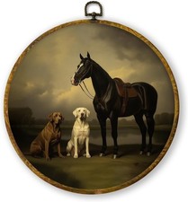 Vintage Moody Horse and Labrador Dogs Round Wall Art Decor Framed, Vintage Count picture